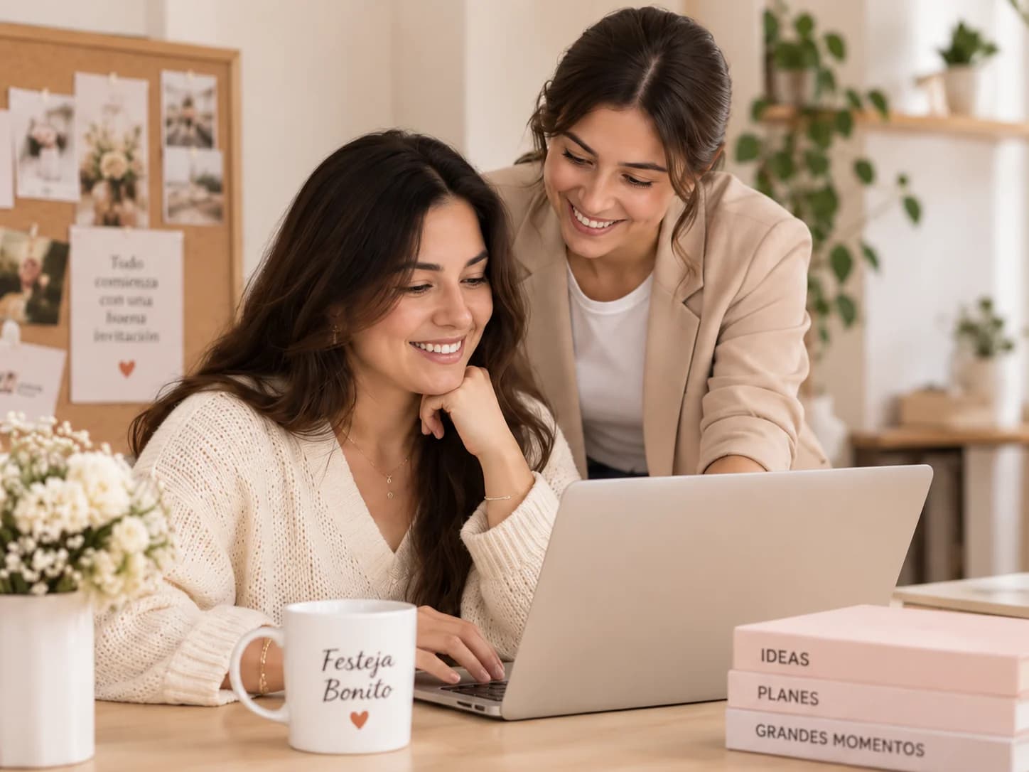 Dos mujeres preparando juntas una celebración desde su computadora